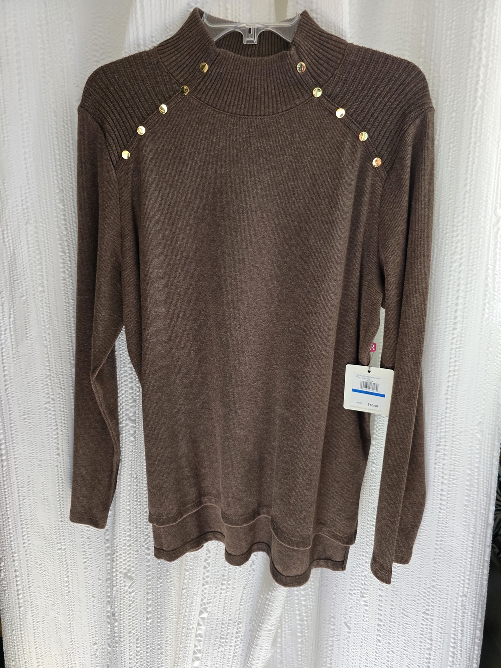 Womens XLP Rafaella Brown Mock Neck Sweater with Gold Button Detail